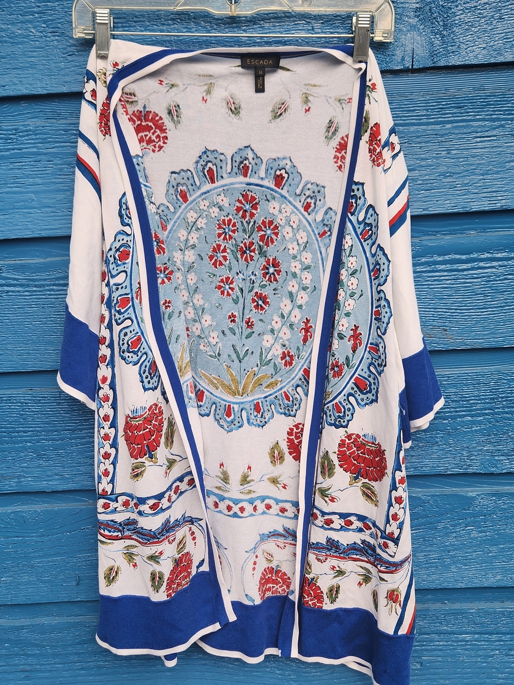 Escada White, Blue & Red Floral Open Cardigan